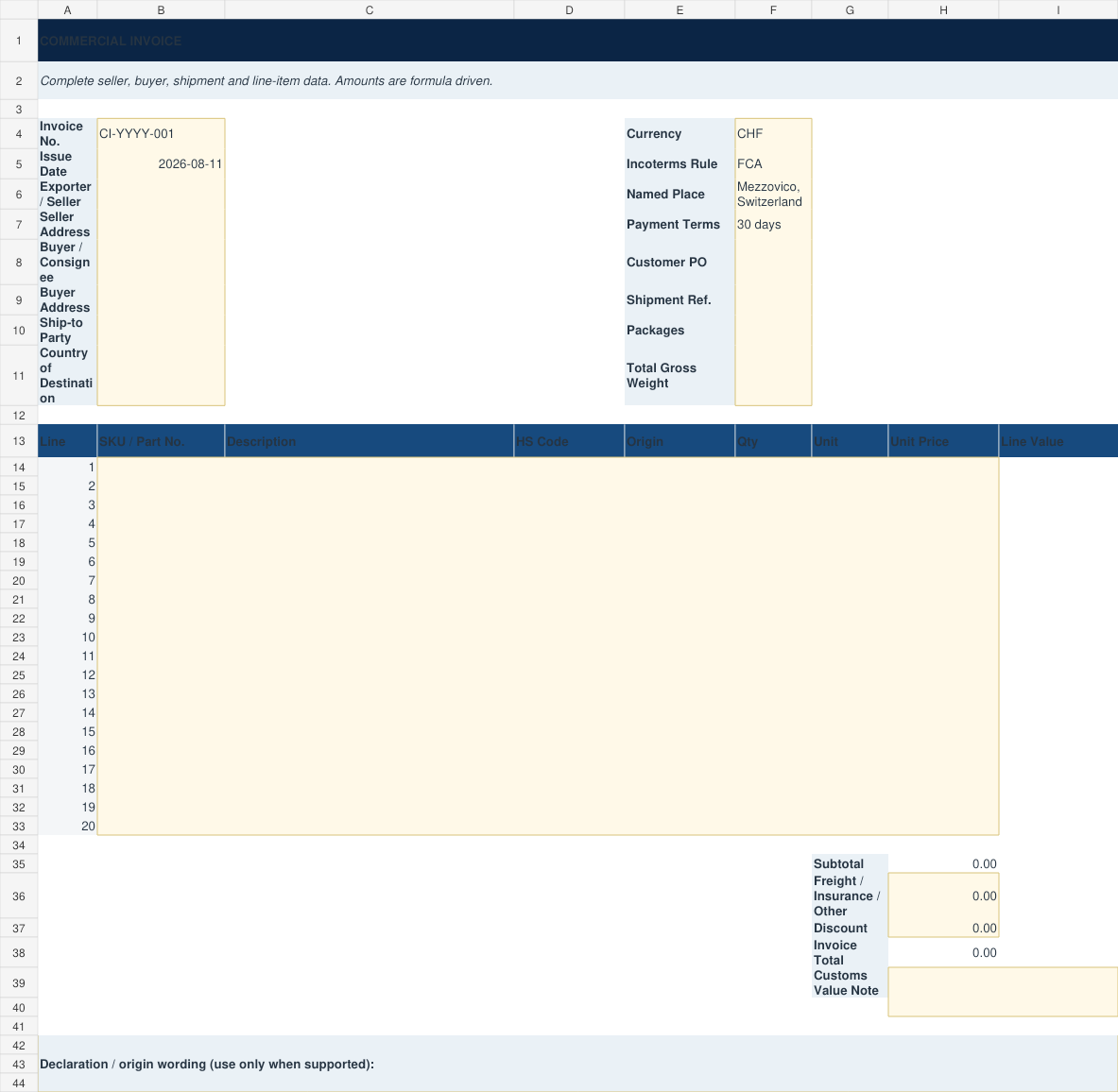 Commercial invoice Excel workbook preview